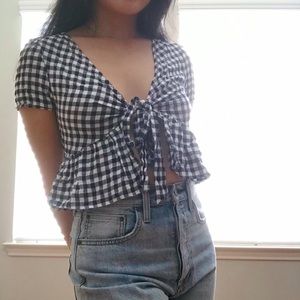 John Galt (Brandy Melville) dark blue/white gingham tied shirt. Size S